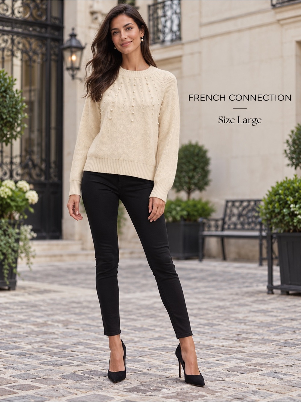 French Connection Pearl Embellished Cream Knit Sweater Size L